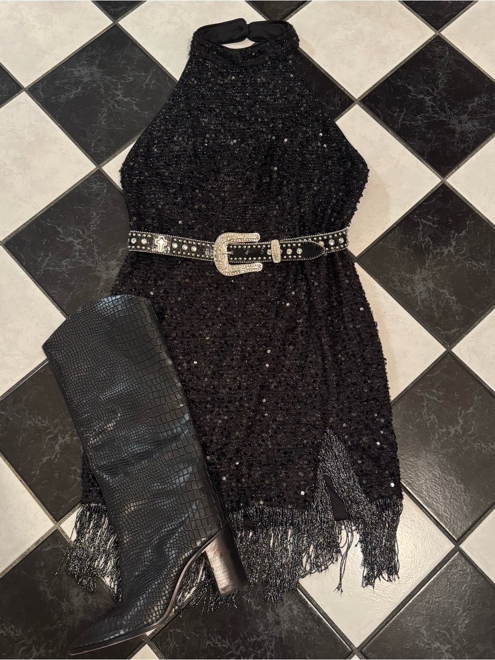 SHEIN Black Sequin Halter Fringe Dress sz L